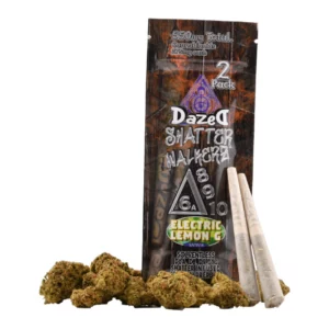 A bag of marijuana with a bag of Pre-Rolls next to it.