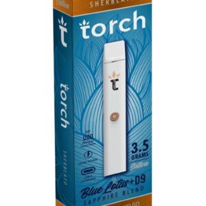 A box with a Torch Blue Lotus Sapphire Blend Disposable Vape Pens | 3.5g in it. A box with a Torch Blue Lotus Sapphire Blend Disposable Vape Pens | 3.5g in it.