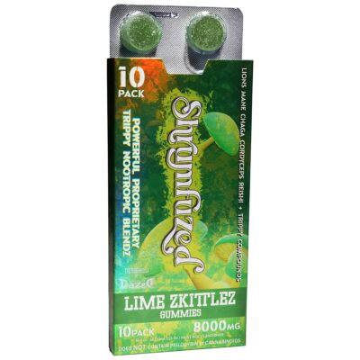 A Shrumfuzed Nootropic Trippy Psychedelic Mushroom Gummies 10 Piece package containing a bottle of lemonade.