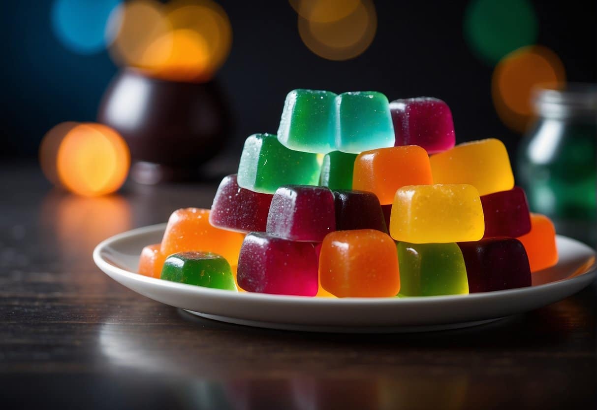 Assorted 1000mg thc gummy bears on a colorful plate.