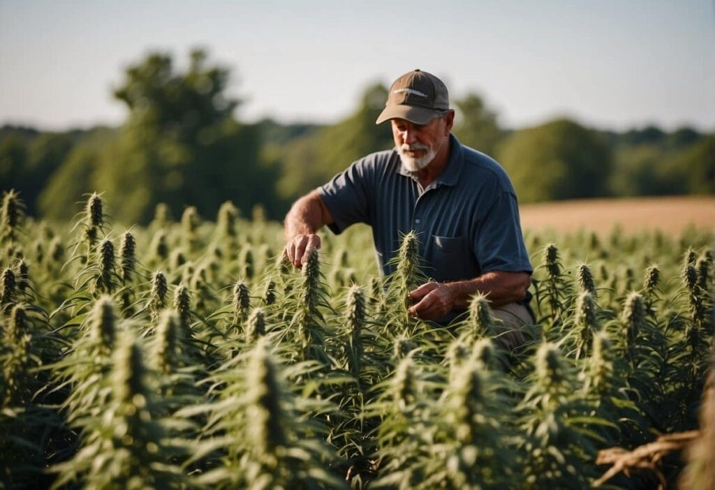 A man in a hat is standing in a field of hemp, pondering the legal status of THCa in Arkansas.