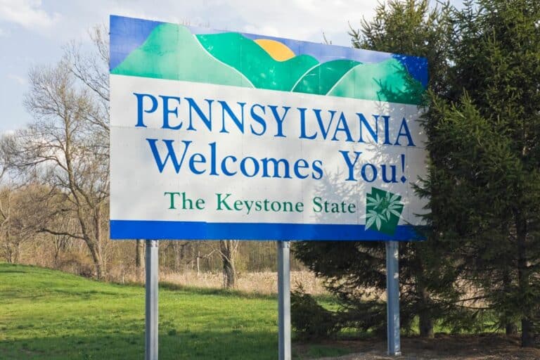 Pennsylvania welcomes you sign and marijuana leaf on it