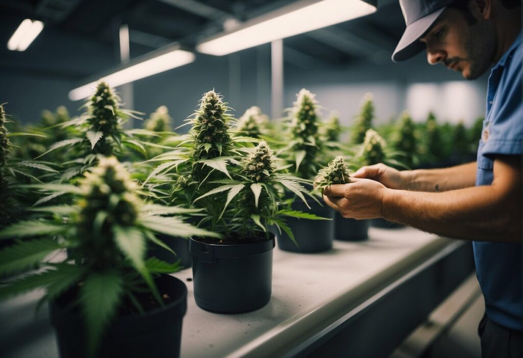 An individual inspecting marijuana plants in a factory.