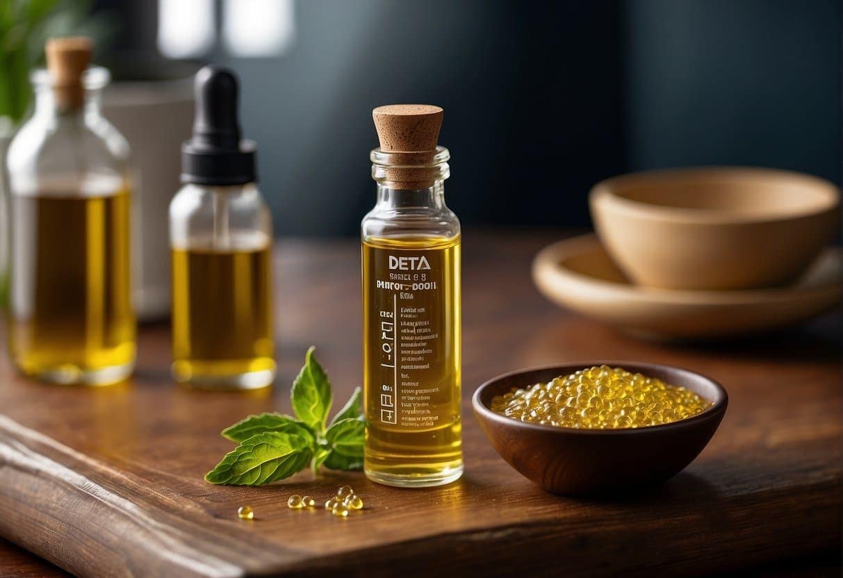 A bottle of caviar oil and a bowl of herbs are placed on a wooden table, providing an intriguing aesthetic.