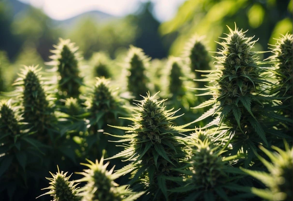 Cannabis plants in a field with mountains in the background during Auto Draft.