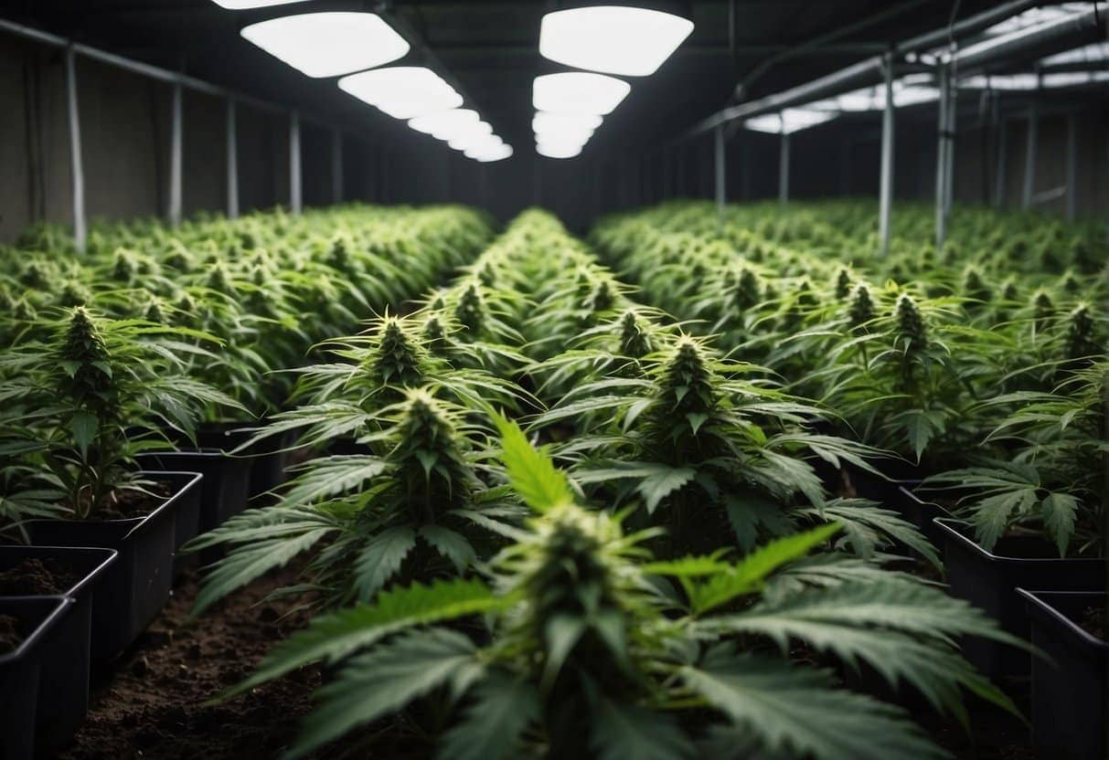 Cannabis plants growing in a greenhouse.