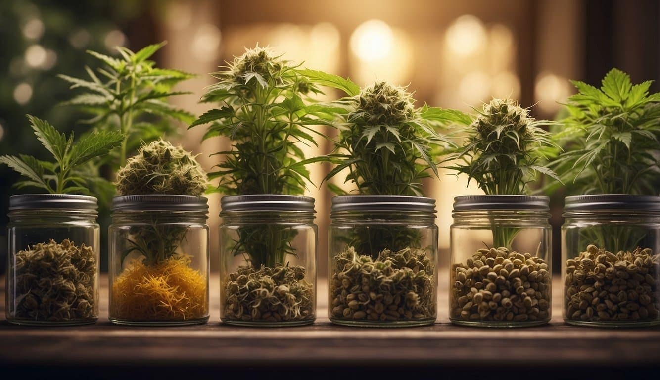 A cluster of glass jars housing a variety of plants.