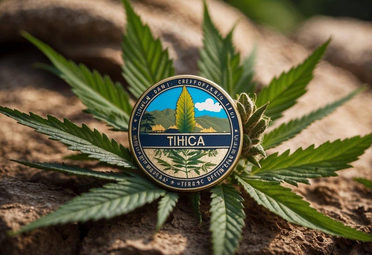 The legal state of California has a cannabis leaf on top of a rock.