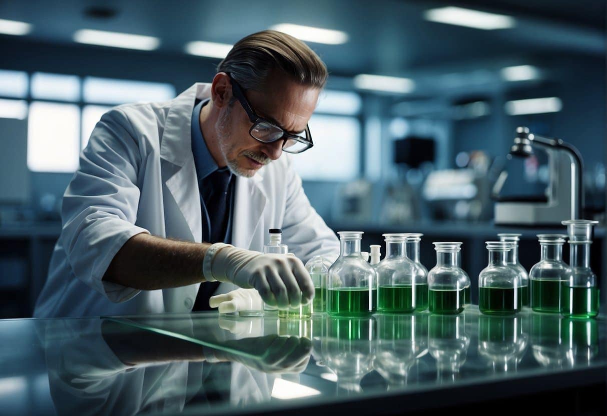 A man in a lab experimenting with green liquid in a flask, exploring ways to make delta 8 stronger.