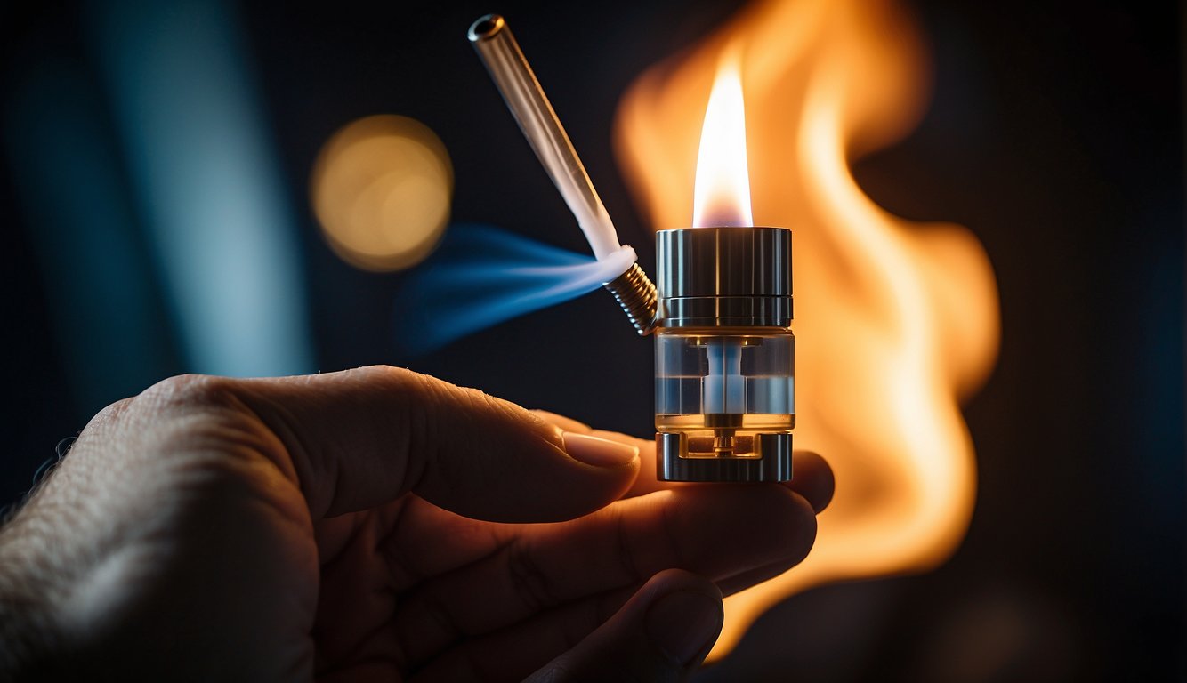 An individual gripping an ignited lighter smoke oil like a vape cart