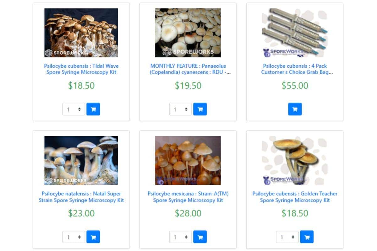 Product page featuring spore syringes, cultures, and other mycological supplies