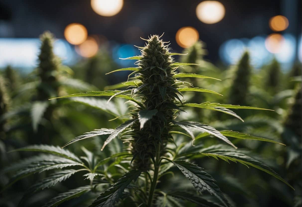 A cannabis plant in a greenhouse with LED lights in the background.