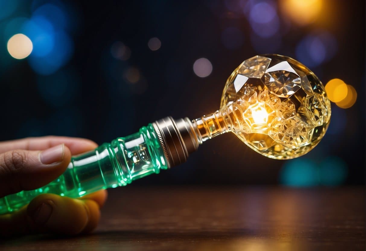 A hand holding a glass dab rig, heating a thca diamond with a torch, inhaling vapor through a mouthpiece