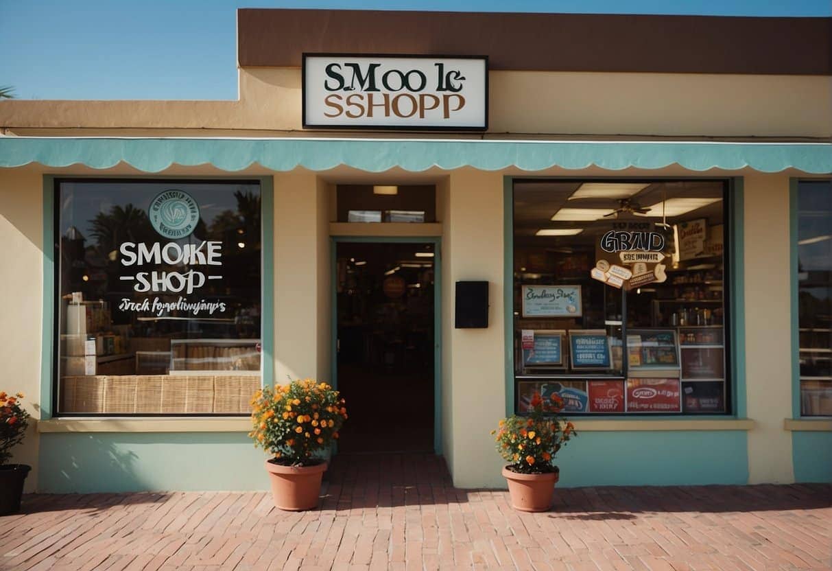A storefront with the sign "Open Smoke Shop" displaying advertisements for tobacco products and electronic cigarettes.