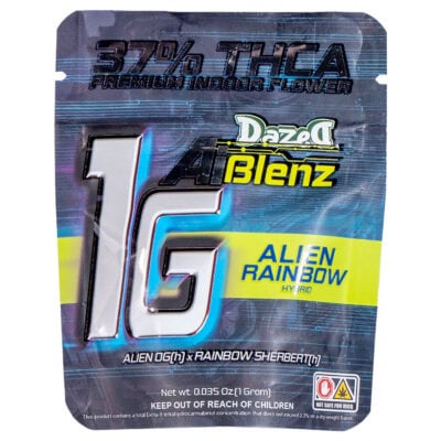 The Dazed AI Blenz packaging highlights 1G for one gram and 37% THCA Premium Indoor Flower. A warning symbol advises keeping it out of childrens reach. The design features a futuristic, colorful theme ideal for cannabis enthusiasts.