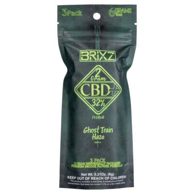 BRIXZ CBD+ Pre-Roll 2g 3pk A sleek black package labeled BRIXZ NYC with CBD+ 32% Pre-Roll in green text contains three 2g pre-rolls of Sativa Ghost Train Haze, totaling 6g (0.21 oz). Keep out of reach of children.