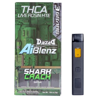 An image features the Dazed THCA Live Rosin AI BLenz Disposable 3g vaping product. The green tech-themed packaging is labeled Shark Crack Sativa, and a disposable vape pen stands nearby, showcasing the Green Crack x Great White Shark flavor blend.